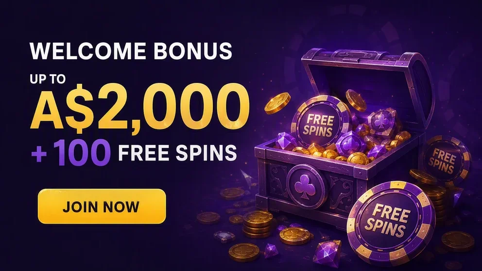Welcome bonus banner showing A$2000 and free spins chips